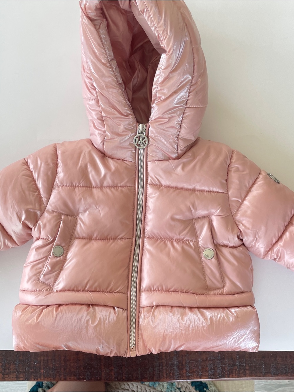 Michael Kors Baby Girls Metallic Blush Pink Hooded Puffer Jacket. NWOT